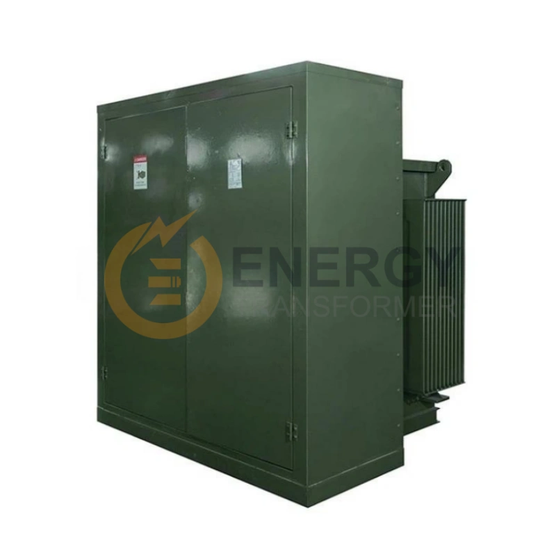 Side view of 500 kVA 13.2 kV to 480Y/277V three-phase step-down pad-mounted transformer – factory direct sale to USA, Canada, Brazil, UK, Spain, and Argentina