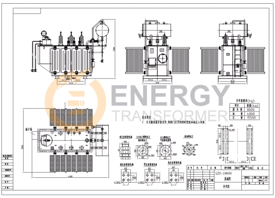 5000 kVA 34.5kV Three-Phase Oil-Immersed Substation Transformer Blueprint and Design Dimensions by Energy Transformer, China Manufacturer, Exported Worldwide