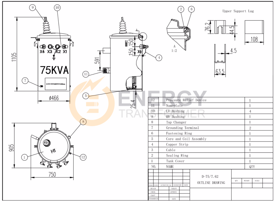 Structural Diagram of 75 kVA Single-Phase Pole-Mounted Distribution Transformer 13.2 kV - 120/240 V by Energy Transformer, Manufacturer, Supplier, and Factory for Global Sales.