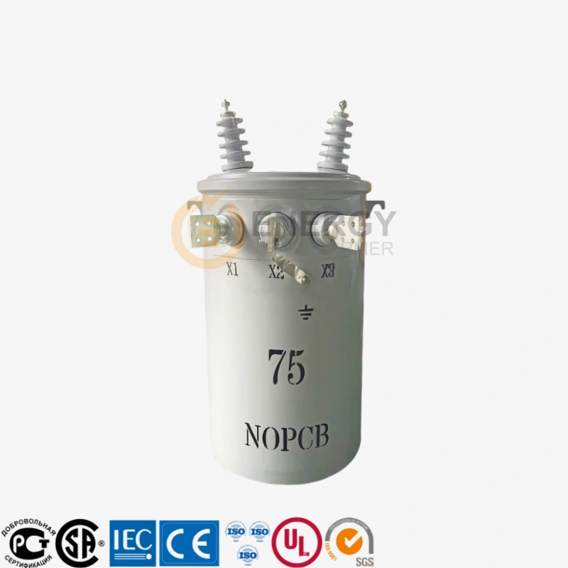 75 kVA Single Phase Pole Mounted Distribution Transformer 13.2 kV 120-240 V by Energy Transformer, Manufacturer and Supplier for North America, South America, Spain, USA, Canada, Argentina, Philippines.