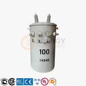 100 kVA pole-mounted single-phase oil-filled distribution transformer, 13.2 kV to 120/240 V, for utility power supply in USA, Canada, Mexico, Brazil, and Argentina – supplied by leading Chinese manufacturer