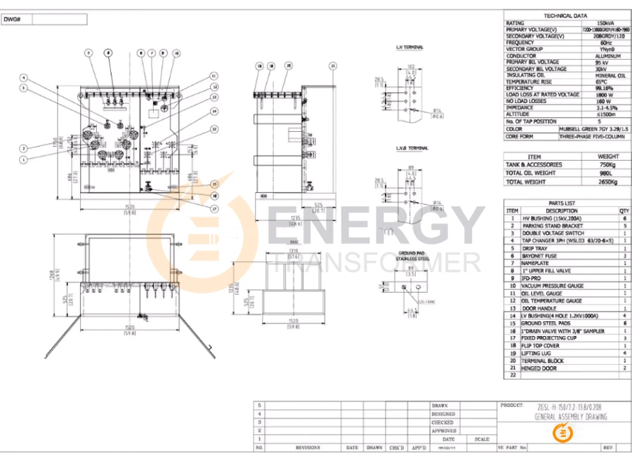 1000 kVA pad-mounted transformer schematic diagram by Energy Transformer, ANSI/IEEE standard, factory direct supply for USA, Canada, Mexico, Brazil, Argentina, Peru, Bolivia, Panama, Guyana, Spain