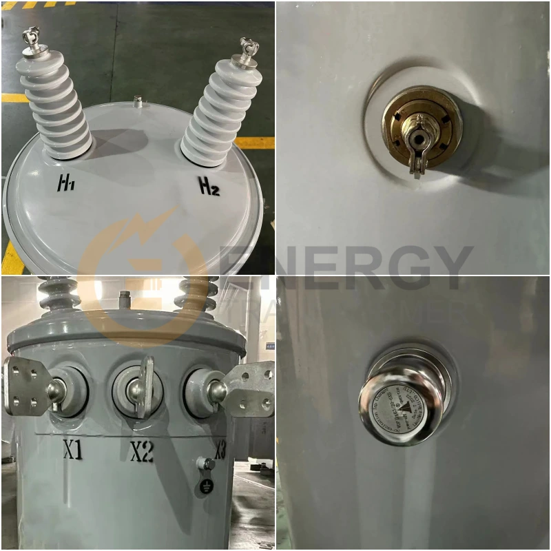 Internal structure of 100 kVA pole-mounted transformer showing copper coil, silicon steel core, and bushings – made in China for USA, Canada, Mexico, Brazil, Argentina
