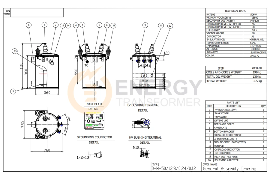 Technical drawing of a pole-mounted distribution transformer showing dimensions and structure