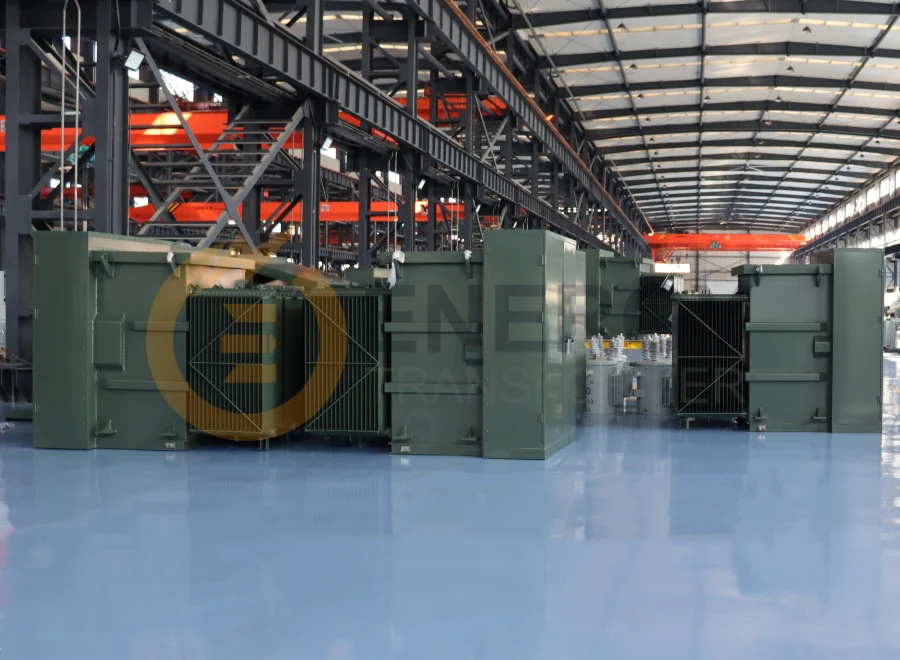 Warehouse inventory of 1000 kVA oil-filled distribution transformers, 13.8 kV to 480Y/277 V, supplied by Energy Transformer for USA, Canada, Mexico, Brazil, Argentina, Peru, Bolivia, Guyana, Panama, Spain