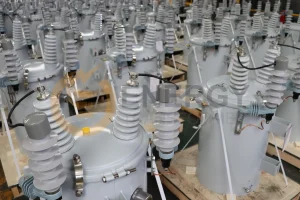 Pole-mounted transformer installed on utility pole for power distribution