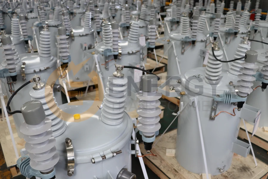 Pole-mounted transformer installed on utility pole for power distribution