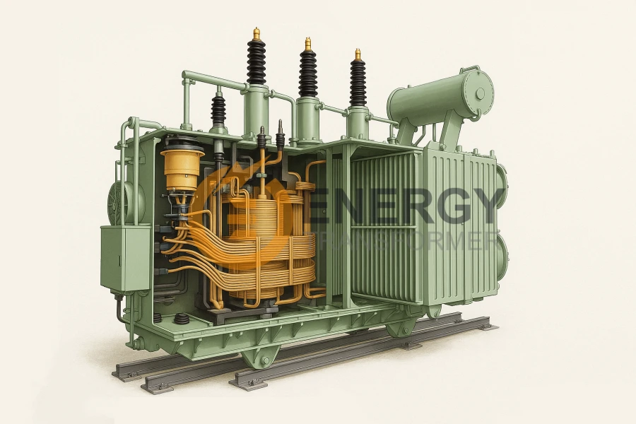 3D illustration of an electrical power transformer internal structure, manufactured and supplied by Energy Transformer for markets in the USA, Mexico, Argentina, Brazil, North America, and South America with CE and UL certifications.