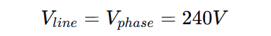 Three-phase transformer in delta connection with 240V phase voltage and line voltage