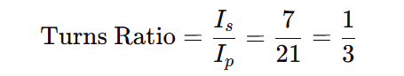 Transformer turns ratio calculation based on 7A primary and 21A secondary current
