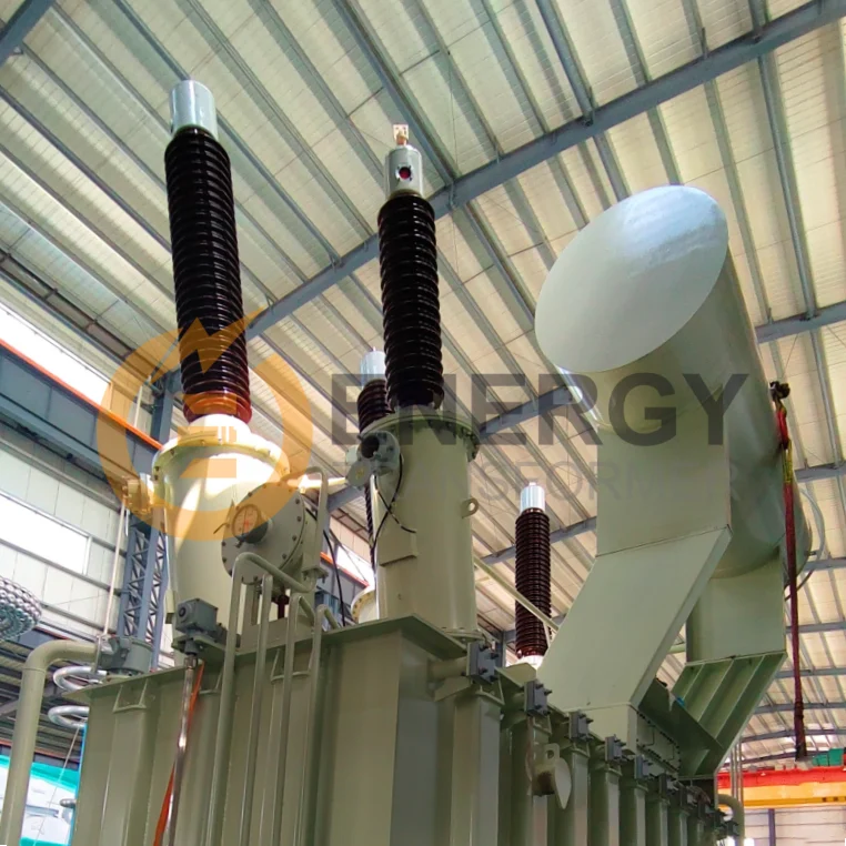 High voltage bushing installation on 220kV/230kV step-down transformer, factory-assembled for substations in the USA, Canada, Brazil, Mexico, Argentina, and Chile — manufactured by Energy Transformer.